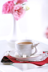 Cup of coffee on table close up