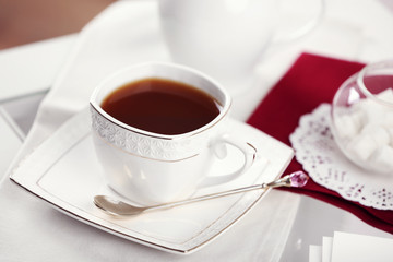 Cup of tea on table close up