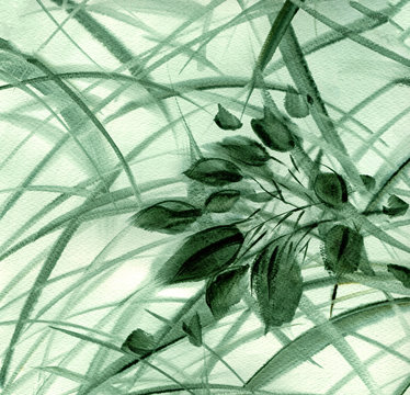 수채화로 그려진 갈대 숲속의 싸리꽃