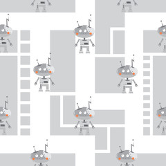 Vector seamless pattern with cartoon robots  on  gray background.