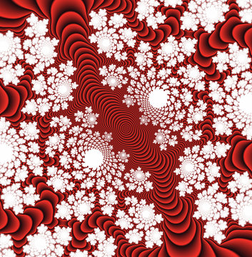 White fractal forms on red background