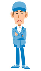 考える作業着の男性