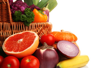 Juicy fruit and tasty vegetables isolated on white