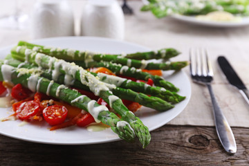Delicious vegetables dish on served table, close up