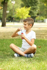 Little boy playing with bubbles in the park