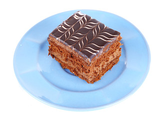 Sweet chocolate cake on blue plate isolated on white background