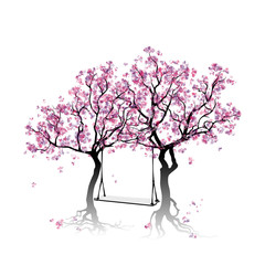 Swing between the trees. Colorful Abstract trees. Summertime. Green foliage. Watercolor imitation. Vector,
