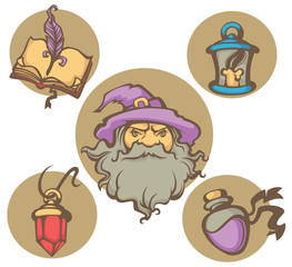 wizard portrait and magic objects vector collection