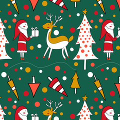 Seamless pattern with a Christmas tree, Santa and deer