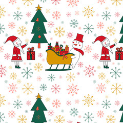 Seamless pattern with a Christmas tree, Santa and Snowman