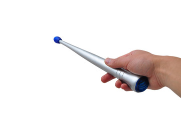 Hand hold the silver magic stick isolated on white 