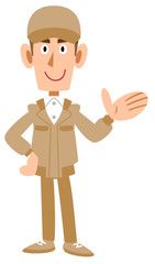 紹介する作業着の男性