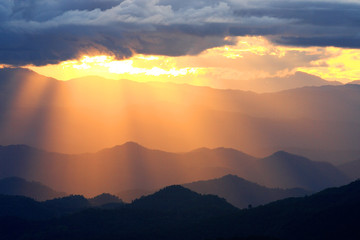 Beautiful sunset with twilight at scenic point at Doi Chang Moob