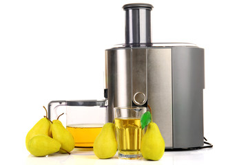 Stainless juice extractor with pears isolated on white background