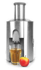 Stainless juice extractor with glass of juice isolated on white background