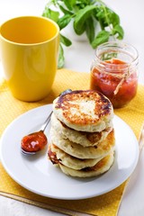 Cottage cheese pancakes, Fritters of cottage cheese. traditional Ukrainian and Russian cuisine.
