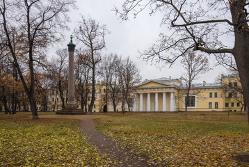 Academic garden with granite columns at the Academy of Fine Arts. St. Petersburg.
