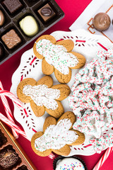 Assorted Christmas cookies and chocolate candies.