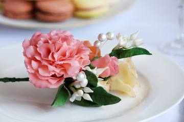 Beautiful flowers on a table decorated for wedding celebration