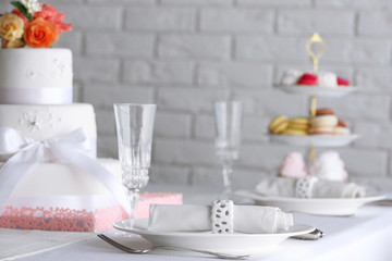Beautiful decorated table for wedding celebration in restaurant