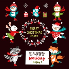  Set of cute cartoon christmas characters. Vector illustration.