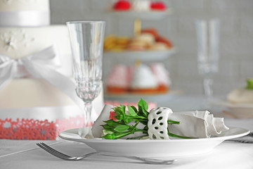 Beautiful decorated table for wedding celebration in restaurant