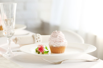 Beautiful decorated table for wedding celebration in restaurant