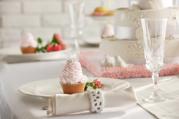 Beautiful decorated table for wedding celebration in restaurant