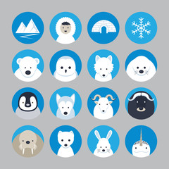 Arctic Animals Flat Icons Set, Winter, Nature Travel and Wildlife