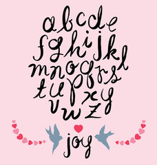 Hand Drawn Modern Brush Script Letters, Hearts and Birds Vector Set
