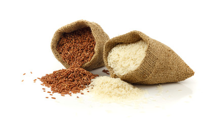 Red and white rice grain on white background
