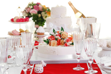 Beautiful served table for wedding or other celebration in restaurant