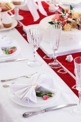 Beautiful served table for wedding or other celebration in restaurant