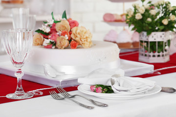 Beautiful served table for wedding or other celebration in restaurant