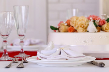 Beautiful served table for wedding or other celebration in restaurant