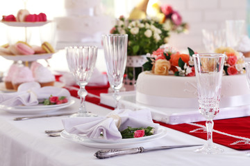 Beautiful served table for wedding or other celebration in restaurant
