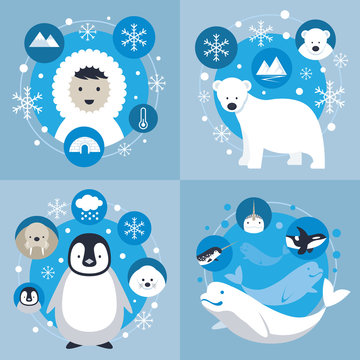 Arctic Characters and Icons Set, Winter, Nature Travel and Wildlife