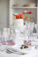 Beautiful served table for wedding or other celebration in restaurant
