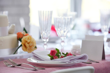 Beautiful served table for wedding or other celebration in restaurant