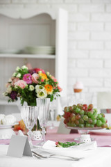 Beautiful served table for wedding or other celebration in restaurant