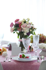 Fototapeta na wymiar Beautiful served table for wedding or other celebration in restaurant