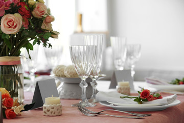 Beautiful served table for wedding or other celebration in restaurant