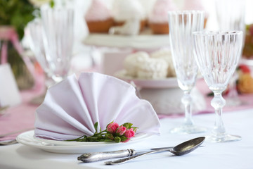 Beautiful served table for wedding or other celebration in restaurant