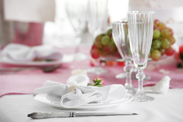 Beautiful served table for wedding or other celebration in restaurant