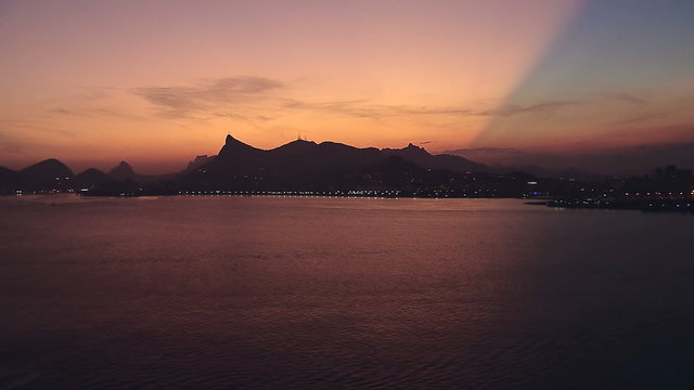 Low angle aerial view over Rio de Janeiro at Sunset, Brazil