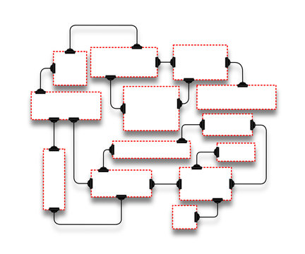 Red empty multiple dashed rectangle frames linked together with clips on white background