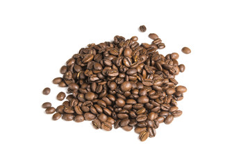 Pile of coffee beans on white background