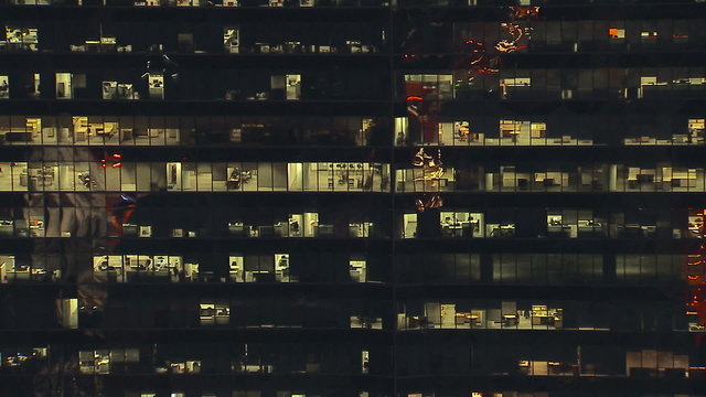 Aerial close up view of Office building at night