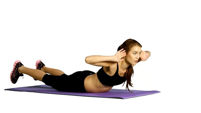 sport woman abdominal exercises on fitness mat. white background, Gym