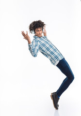 Afro american man with headphones dancing